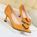 2020 new arrivals  verified supplier large size 43 heel cup metal button satin fabric high heels pump shoes women dress